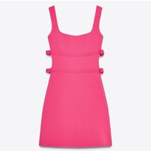 Zara Hot Pink Square-Neck Stretch Tie Mini Dress with Side Tabs Sz Small